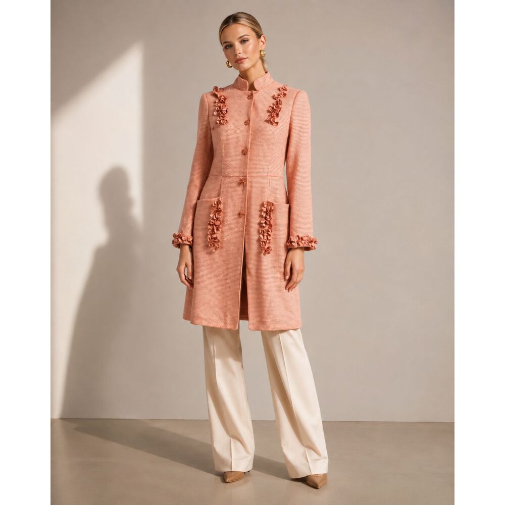 Sportmax Genuine Leather Trim Textured Long Coat Jacket Blush Pink Italy Size 6
